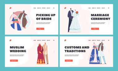 Geleneksel Müslüman Çiftler Düğün Töreni İniş Şablonu. Damat ve Gelin Karakterleri Şenlikli Kıyafetler Giyer