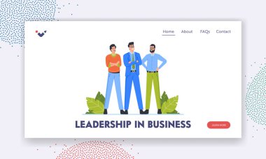 Business Landing Page Şablonu Liderliği. Resmi Takım Elbiselerdeki Erkek Karakterler Çapraz Kollarla Güvenilir Poz Veriyor