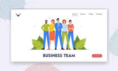 İş Takımı İniş Sayfa Şablonu. İş karakterleri çapraz kollarla bir arada durur. İş adamları ve İş Kadınları