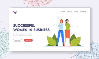 İş İniş Sayfasında Başarılı Kadınlar Şablonu. Neşeli İş Kadınları Çapraz Kollarla Kendine Güvenen Poz Veriyor
