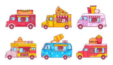Bir grup Fast Food Trucks, sokak süprüntüleri için izole edilmiş arabalar. Kafe ya da Tekerlekli Restoran, Ulaşım