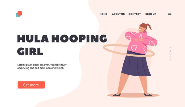 Funny Girl Rolling Hula Hoop Landing Page Template. Young Female Character Playing, Spinning Ring around the Waist — Wektor stockowy