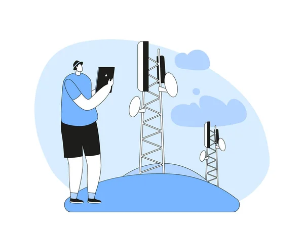 Gadget 'lar için İletişim 5G Servisi, Akıllı Teknolojiler. Tabletli Adam İletişim Kulesi 'nin yanında dur. — Stok Vektör