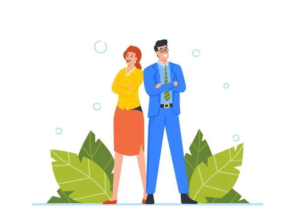 Equipo de Gerentes Grupo de Trabajo en Equipo. Personajes de negocios confiados Hombre y mujer de pie en posición con brazos cruzados — Vector de stock