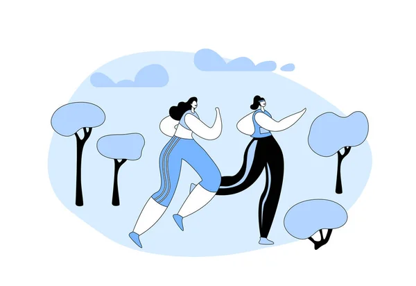 Happy Women in Sports Wear Running Activity, Jogging, Sprint or City Marathon on Nature Landscape Background — Διανυσματικό Αρχείο