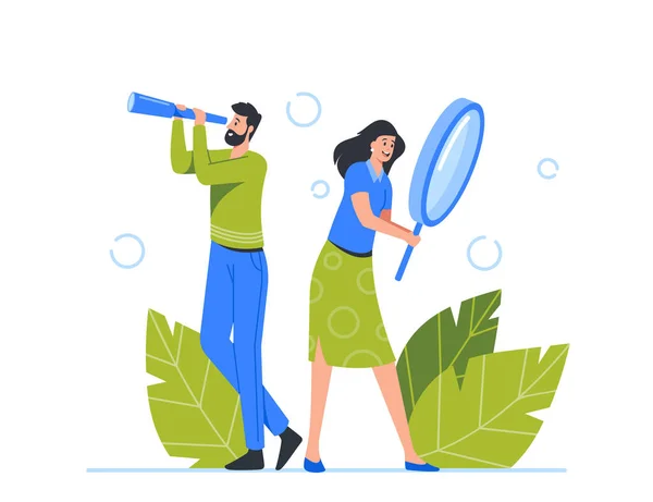 Male and Female Business Characters Watching to Spyglass and Magnifier Searching for Idea, Business Vision, Recruitment — Wektor stockowy