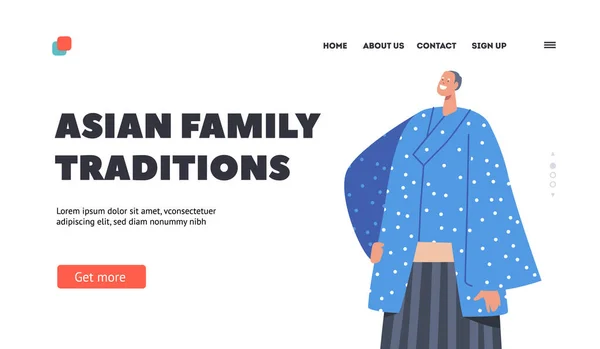 Asian Family Traditions Landing Page Template. Elderly Asian Man wear Blue Kimono, Character Wear Traditional Clothes — Stock vektor