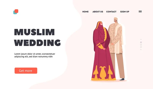 Muslim Wedding Landing Page Template.Islamic Newlywed Wear Festive Dresses Celebrate Ceremony, Groom and Bride — Διανυσματικό Αρχείο