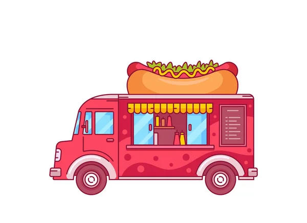 Hot Dog Food Truck, Isolated Catering Van With Chalkboard Menu and Equipment for Cooking Hotdogs. Car for Food Selling — стоковый вектор