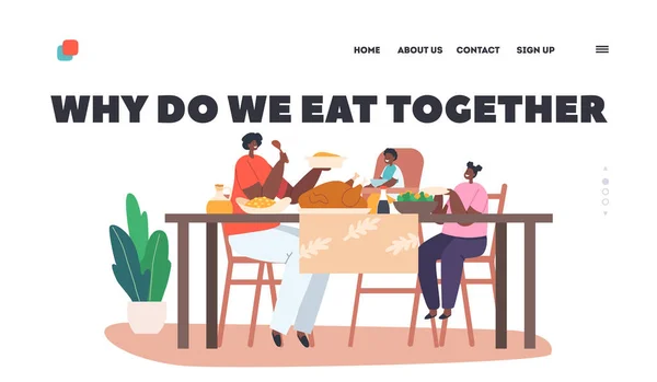 Happy African Family Mother and Little Kids Dinner Landing Page Template. Mom, Daughter and Son Eating Meal and Talking — 图库矢量图片