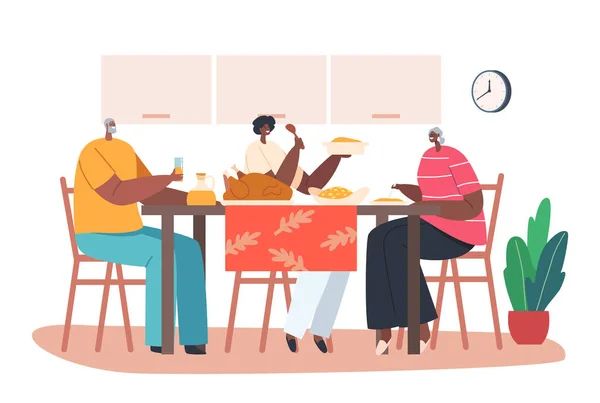 Молоді і старші африканські родинні персонажі сидять за столом з продуктами харчування і спілкуються вдома — стоковий вектор