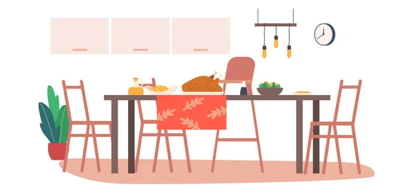 Kitchen Interior With Wooden Table Covered with Tablecloth, Utensils, Food, Turkey and Chairs Stand around — 스톡 벡터