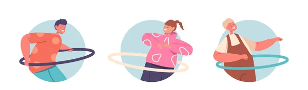 Набір круглих іконок Дитячі персонажі Вправа з Hula Hoop Rolling на талії. Літо Відпочинок, Ігри, Розваги — стоковий вектор
