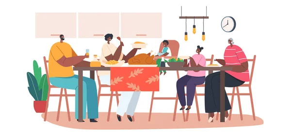 Happy Modern African Family Characters Mother, Father, Granny and Little Kids Having Dinner Round Table with Food — стоковый вектор