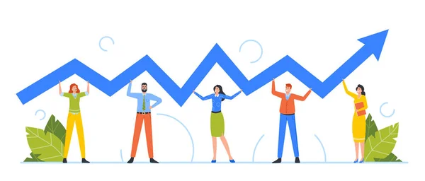 Business Team Characters Holding Up Zig-zag Arrow Symbol. Teamwork, Financial Success or Crisis, Investment Concept — Vector de stock