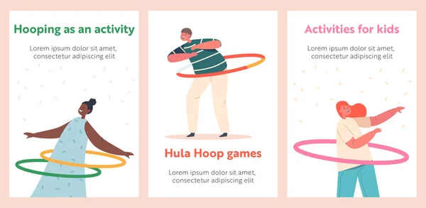 Hooping Activity Banners, Children Characters Exercising with Hula Hoop Rolling on Waist. Summertime Recreation —  Vetores de Stock
