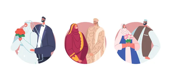 Traditional Muslim Couples Wedding Ceremony Round Icons. Groom and Bride Characters Wear Festive Clothes — Wektor stockowy