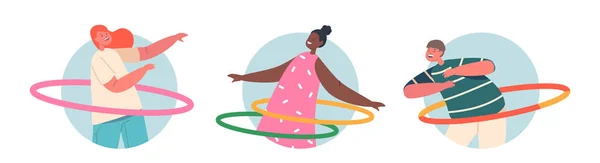 Set of Round Icons Children Characters Fun with Hula Hoop, Boys and Girls Rolling Rings on Waist. Kids Active Sparetime — Image vectorielle