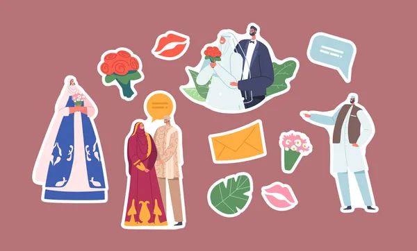 Set of Stickers Muslim Couples Wedding, Traditional Groom and Bride Characters Wear Festive Clothes, Islamic Newlywed — Stok Vektör