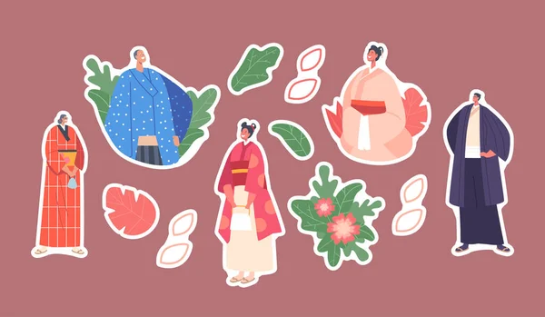 Set of Stickers Asian People, Isolated Smiling Young and Old Male and Female Characters Parents, Grandparents and Kid - Stok Vektor