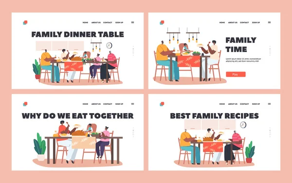 Modern African Family Dinner Around Table Landing Page Template Set. Characters Mother, Father, Granny and Kids Eating — Wektor stockowy