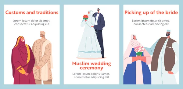 Muslim Couples Wedding Ceremony Banners, Traditional Groom and Bride Characters Wear Festive Clothes, Islamic Newlywed — Archivo Imágenes Vectoriales