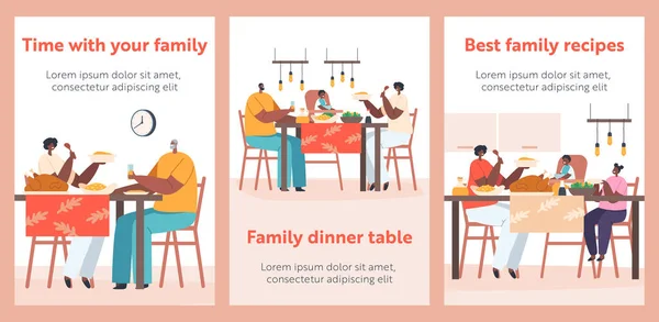 Happy Modern African Family Characters Eating Meal Banners. Matka, otec, babička a děti obědvají u stolu — Stockový vektor