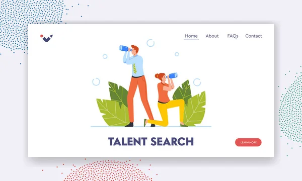 Talent Search Landing Page Template. Business Characters Watching to Binoculars, Business Vision, Employee Recruitment — Stockový vektor