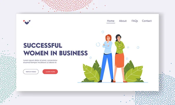 İş İniş Sayfasında Başarılı Kadınlar Şablonu. Neşeli İş Kadınları Çapraz Kollarla Kendine Güvenen Poz Veriyor