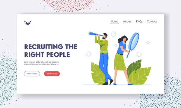 Recruiting Landing Page Template. Business Characters Watch to Spyglass and Magnifier Search for Idea, Business Concept — 스톡 벡터