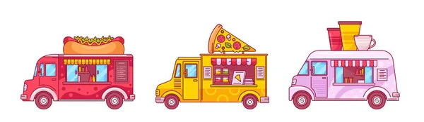 Food Trucks Isolated Cars, Vans Stores for Street Food Selling. Cafe on Wheels, Transportation With Fastfood Menu, Pizza — стоковый вектор