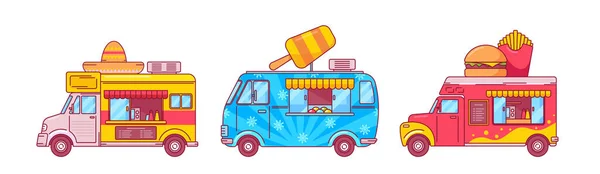Tex Mex, Ice Cream, French Fires e Burger Food Trucks. Vans per la vendita di cibo spazzatura di strada, ristorante auto su ruote — Vettoriale Stock