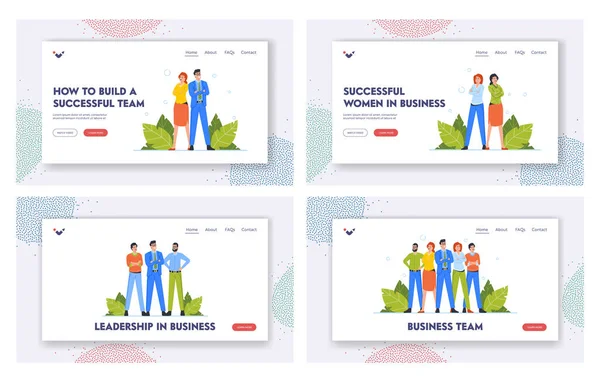 Business Team Landing Page Template Set. Characters Stand with Crossed Arms. Businessmen and Businesswomen — Vetor de Stock