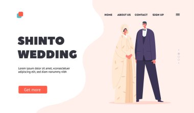 Shinto Düğün İniş Sayfası Şablonu. Zarif Japon Gelin ve Damat Karakterleri Evlilik Töreni, Asyalı Çift