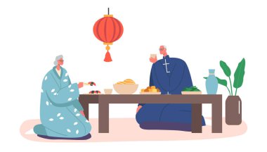 Düşük Masa Yeme Yemekleri 'nde oturan kıdemli Asyalı Erkek ve Kadın Karakterler. Yaşlılar Kimono giyer, evde yemek yer.