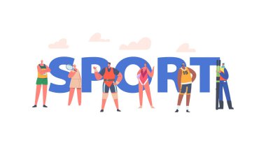 Spor Konsepti. Sporcular Erkek ve Kadın Karakterler Koşucusu, Tenis veya Basketbol Oyuncusu, Kayakçı, Halterci ve Jimnastikçi