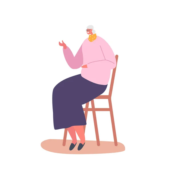 Starsza uśmiechnięta dama siedząca na krześle w domu, starsza kobieta o wolnym czasie, wolnym czasie, relaksie lub na czacie — Wektor stockowy