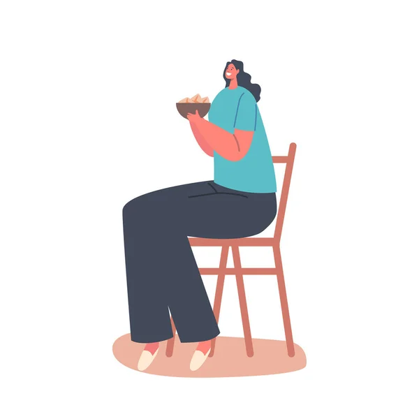 Kobieta postać gospodarstwa Bowl z jedzeniem w rękach izolowane na białym tle. Kobieta na diecie, głodny dziewczyna mając obiad — Wektor stockowy