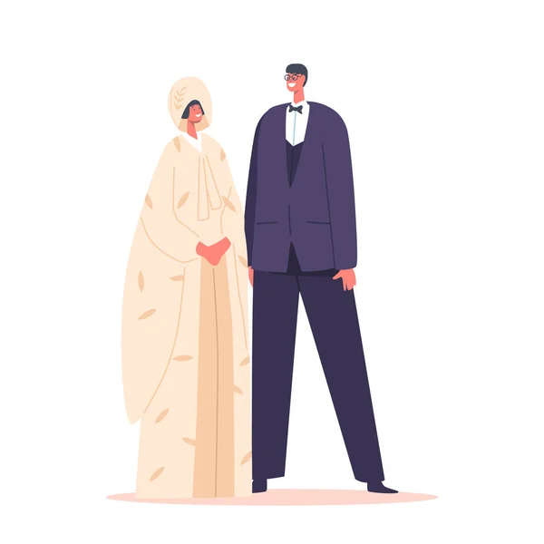 Elegante noiva japonesa e personagens do noivo Cerimônia de casamento. Asiático casal desgaste trajes nupciais tradicionais — Vetor de Stock