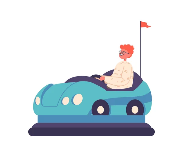 Мальчик за рулем бампера автомобиль, изолированный ребенок езда синий электрический автомобиль, аттракционы в парке развлечений. Ребенок на карнавале — стоковый вектор