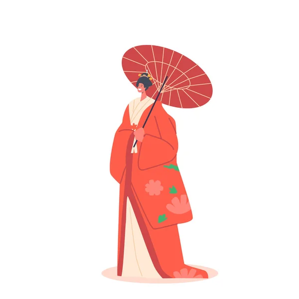 Geisha Mujer aislada sobre fondo blanco. Personaje Femenino en Vestido Tradicional Japonés, Peinar, Maquillar, Paraguas — Archivo Imágenes Vectoriales