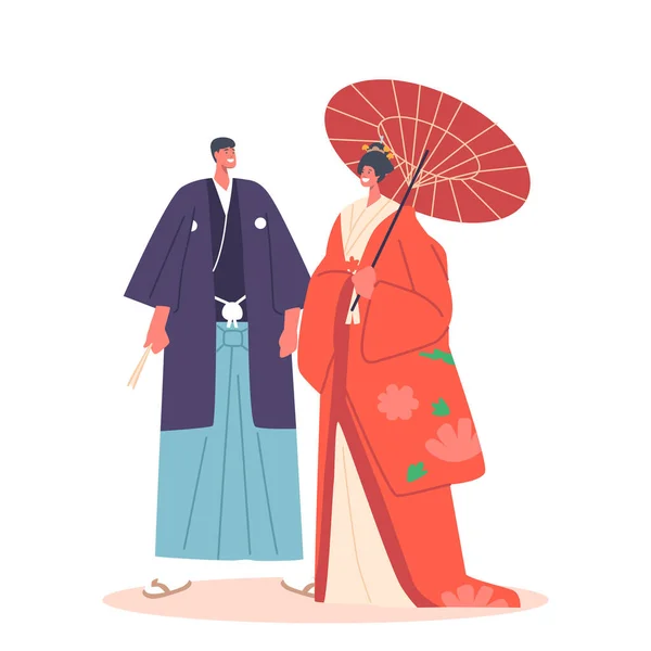 Asijské tradice, koncepce kultury. Svatba japonského páru nosit tradiční kostým, nevěsta a ženich znaky — Stockový vektor
