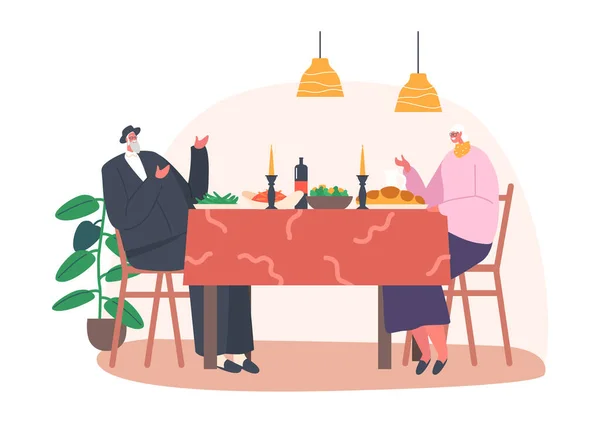 Couple juif senior célébrant ou dînant à la maison. Vieil homme porter Kippah et femme assise à la table avec des repas — Image vectorielle