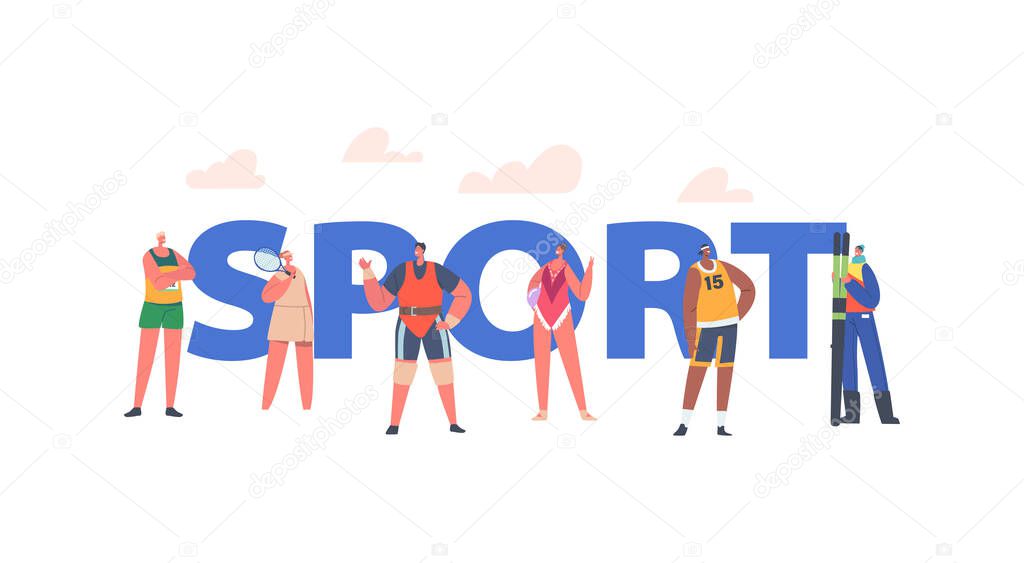 Sport Concept. Athletes Male and Female Characters Runner, Tennis or Basketball Player, Skier, Weightlifter and Gymnast