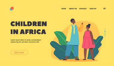 Afrika 'daki Çocuklar İniş Sayfa Şablonu. Tatlı Afrikalı Oğlan ve Kız Geleneksel Giysiler Giyer, Çocuklar, Mutlu Küçük Bebekler