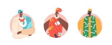 Afrika Halkı Simgeleri veya Görseller, Erkek ve Kadın Karakterler Beyaz Arkaplanda İzole Edilmiş Geleneksel Giysiler Giyiyor