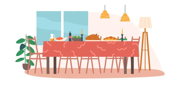 Кухня Интерьер с деревянным столом покрыты скатертью, Посуда, продукты питания, Турция и стулья стоять вокруг — стоковый вектор