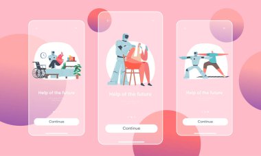 Cyborg Yaşlılara Yardım Mobil Uygulama Sayfası Ekran Şablonu. Engelli Yaşlılara Mekanik Robot Bakım Yardımı