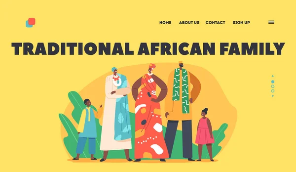 Traditionelle afrikanische Familienlanding Page Vorlage. Schwarze Eltern, Großeltern, Kinderfiguren in einheimischer Kleidung — Stockvektor