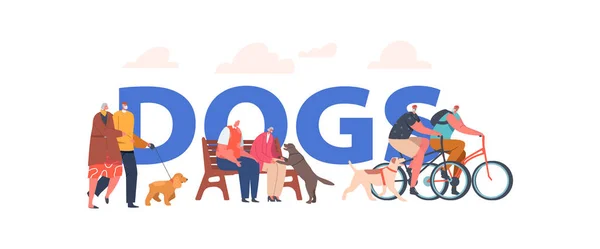 Starsi ludzie spacerują z psem w Park Concept. Starsze postacie Para Relaks, Siedząc na ławce, Jazda na rowerze ze ze zwierzętami — Wektor stockowy